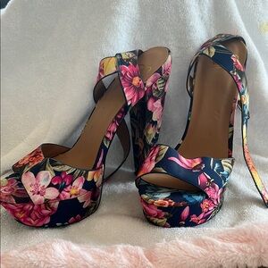 Pink and Blue Floral High Platform Heels